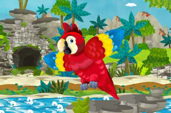 Мультяшна Сцена Щасливим Смішним Папугою Тропічних Джунглях Ілюстрація Дітей — стокове фото