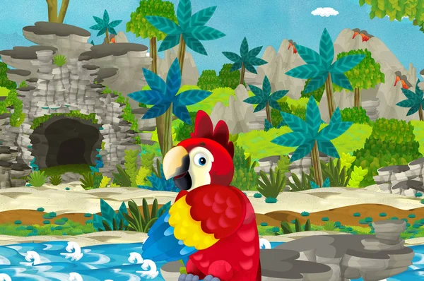 cartoon scene with happy and funny parrot in the tropical jungle - illustration for children