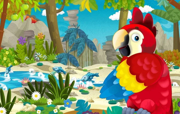 Zeichentrickszene Mit Fröhlichem Und Lustigem Papagei Tropischen Dschungel Illustration Für — Stockfoto