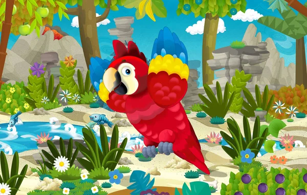 Cena Dos Desenhos Animados Com Papagaio Feliz Engraçado Selva Tropical — Fotografia de Stock