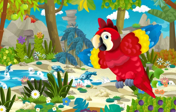 Cena Dos Desenhos Animados Com Papagaio Feliz Engraçado Selva Tropical — Fotografia de Stock