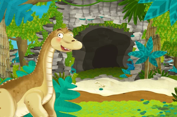 Cena Dos Desenhos Animados Com Dinossauro Diplodocus Apatosaurus Fundo Natureza — Fotografia de Stock