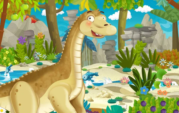 Cartoon Scène Met Dinosaurus Diplodocus Apatosaurus Jungle Natuur Achtergrond Afbeelding — Stockfoto