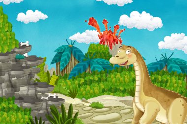 çocuk için illüstrasyon yanardağ doğa arka plan patlayan yakın ormanda dinozor Diplodocus apatosaurus ile karikatür sahne