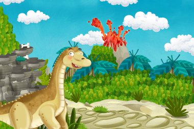 çocuk için illüstrasyon yanardağ doğa arka plan patlayan yakın ormanda dinozor Diplodocus apatosaurus ile karikatür sahne