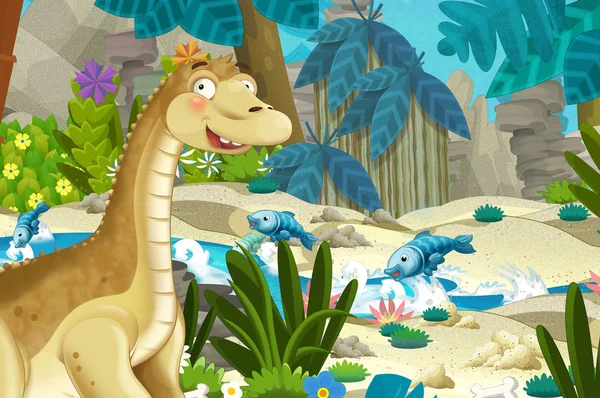 Cartoon Scène Met Dinosaurus Diplodocus Apatosaurus Jungle Natuur Achtergrond Afbeelding — Stockfoto