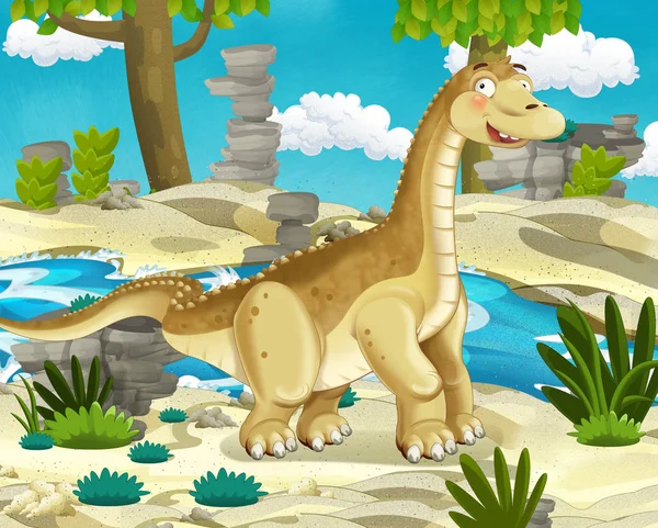 Kreskówka Scena Dinozaur Diplodok Apatozaur Tle Natura Jungle Ilustracja Dla — Zdjęcie stockowe