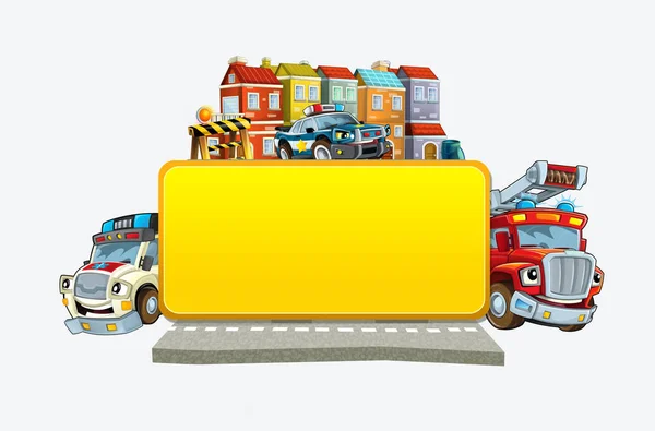 Scena Kreskówki Banner Strona Tytułowa Miejskich Samochodów Elewacji Ulicy Ilustracji — Zdjęcie stockowe