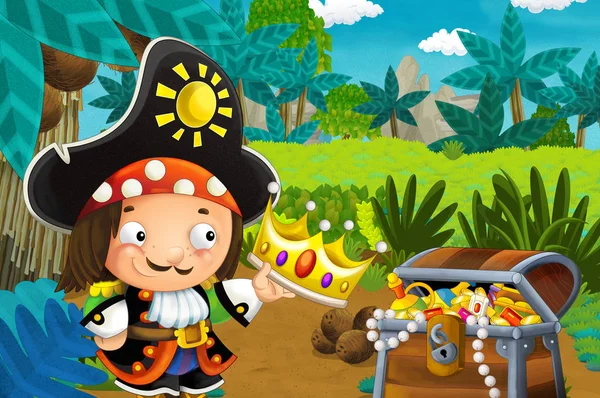 cartoon scene with pirate in the jungle holding royal crown with treasure - illustration for children