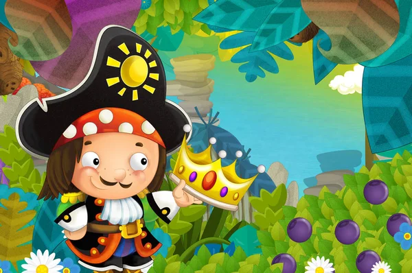 cartoon scene with pirate in the jungle holding royal crown - illustration for children