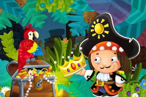 Cartoon Scène Met Piraat Schat Papegaaien Jungle Illustratie Voor Kinderen — Stockfoto