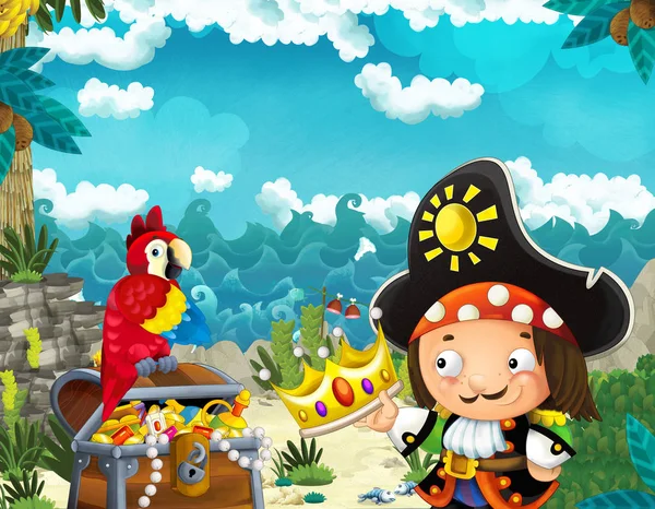 Cartoon Scène Met Piraat Schat Papegaaien Jungle Illustratie Voor Kinderen — Stockfoto