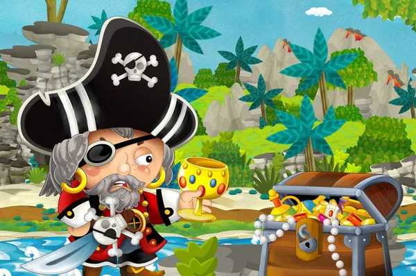 Scène Dessin Animé Avec Pirate Trésor Dans Jungle Illustration Pour — Photo