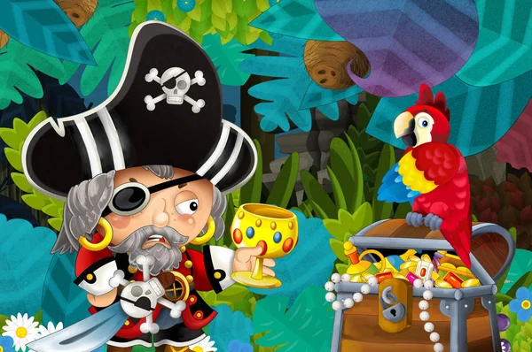 Scène Dessin Animé Avec Pirate Trésor Perroquet Dans Jungle Illustration — Photo