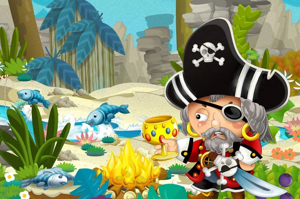 Scène Dessin Animé Avec Pirate Trésor Dans Jungle Illustration Pour — Photo