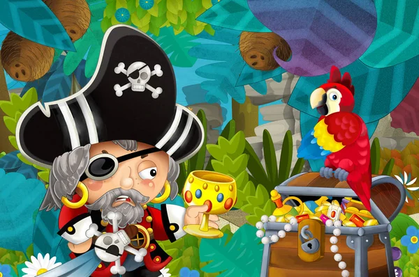 Scène Dessin Animé Avec Pirate Trésor Perroquet Dans Jungle Illustration — Photo