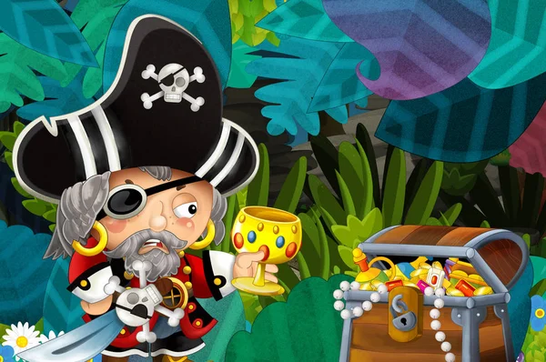 Cartoon Scene Pirate Treasure Jungle Illustration Children — Stock Photo, Image