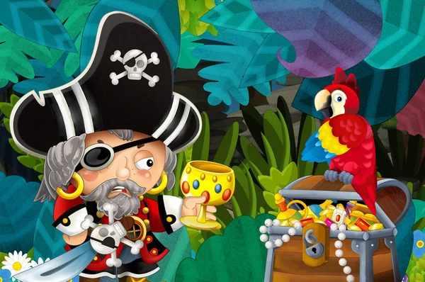 Scène Dessin Animé Avec Pirate Trésor Perroquet Dans Jungle Illustration — Photo