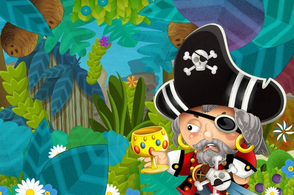 Scène Dessin Animé Avec Pirate Trésor Dans Jungle Illustration Pour — Photo