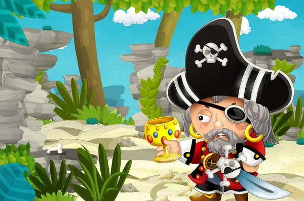 Cartoon Scene Pirate Treasure Jungle Illustration Children — Stock Photo, Image