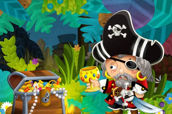 Cartoon Scen Med Pirat Och Skatter Djungeln Illustration För Barn — Stockfoto