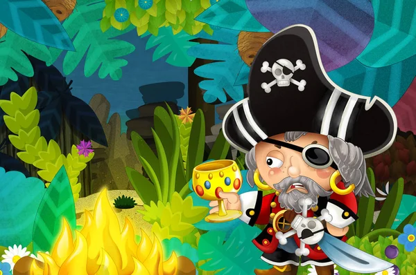 Cartoon Scene Pirate Treasure Jungle Illustration Children — Stock Photo, Image