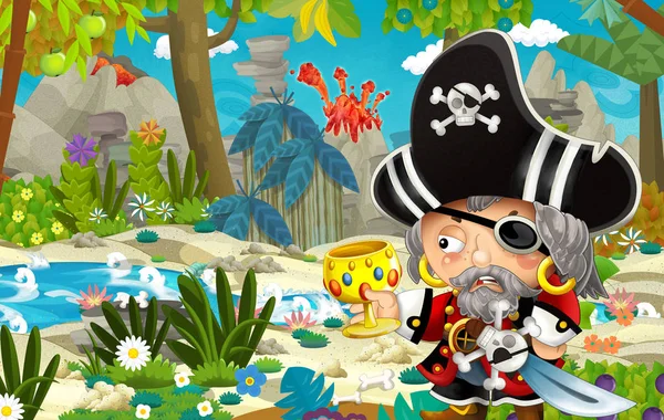 Scène Dessin Animé Avec Pirate Trésor Dans Jungle Illustration Pour — Photo