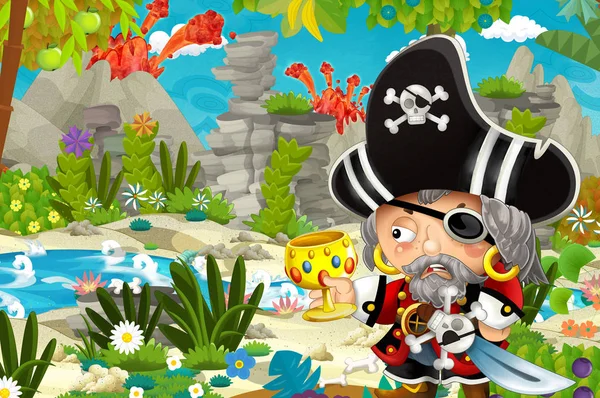 Scène Dessin Animé Avec Pirate Trésor Dans Jungle Illustration Pour — Photo