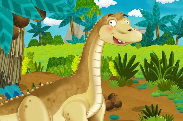 Escena Dibujos Animados Con Dinosaurio Diplodocus Apatosaurus Fondo Naturaleza Selva — Foto de Stock
