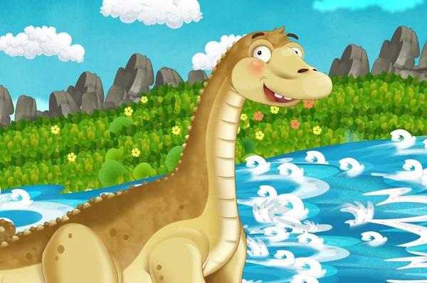 cartoon scene with dinosaur diplodocus apatosaurus in the jungle nature background - illustration for children