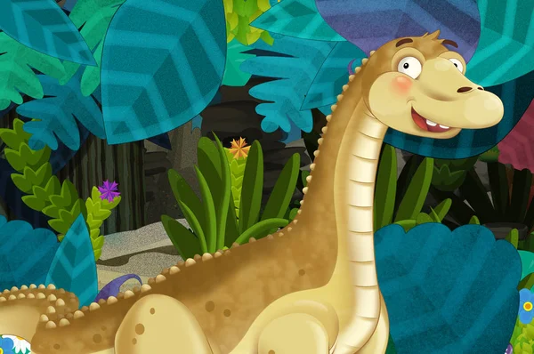 cartoon scene with dinosaur diplodocus apatosaurus in the jungle nature background - illustration for children