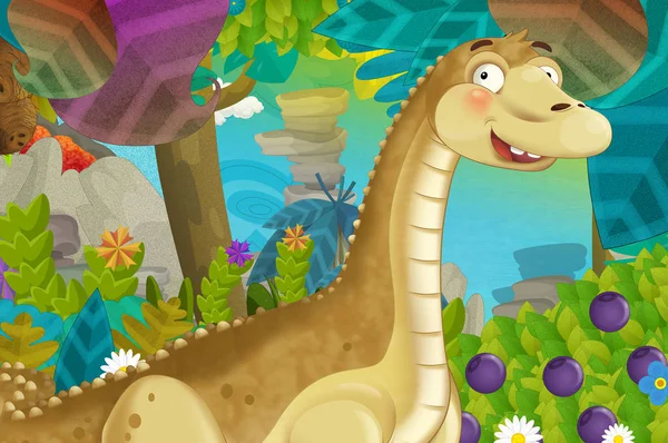 cartoon scene with dinosaur diplodocus apatosaurus in the jungle nature background - illustration for children