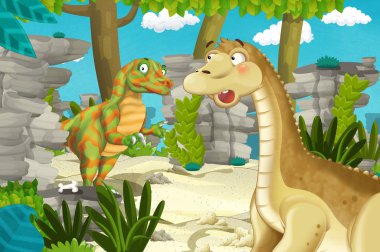 Dinozor apatosaurus diplodocus ile birlikte ormanda başka bir dinozorun olduğu karikatür sahnesi - çocuklar için çizim