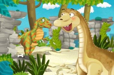 Dinozor apatosaurus diplodocus ile birlikte ormanda başka bir dinozorun olduğu karikatür sahnesi - çocuklar için çizim