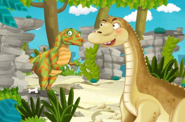 Dinozor apatosaurus diplodocus ile birlikte ormanda başka bir dinozorun olduğu karikatür sahnesi - çocuklar için çizim
