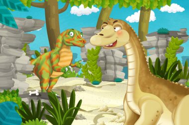 Dinozor apatosaurus diplodocus ile birlikte ormanda başka bir dinozorun olduğu karikatür sahnesi - çocuklar için çizim