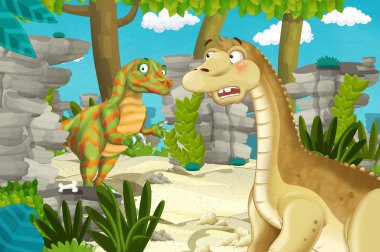 Dinozor apatosaurus diplodocus ile birlikte ormanda başka bir dinozorun olduğu karikatür sahnesi - çocuklar için çizim