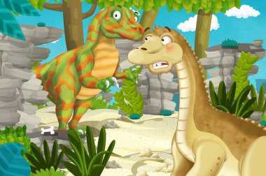 Dinozor apatosaurus diplodocus ile birlikte ormanda başka bir dinozorun olduğu karikatür sahnesi - çocuklar için çizim