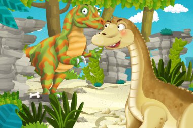Dinozor apatosaurus diplodocus ile birlikte ormanda başka bir dinozorun olduğu karikatür sahnesi - çocuklar için çizim