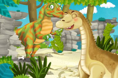 Dinozor apatosaurus diplodocus ile birlikte ormanda başka bir dinozorun olduğu karikatür sahnesi - çocuklar için çizim