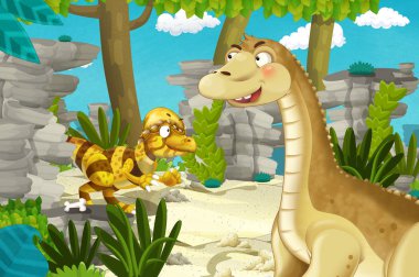 Dinozor apatosaurus diplodocus ile birlikte ormanda başka bir dinozorun olduğu karikatür sahnesi - çocuklar için çizim