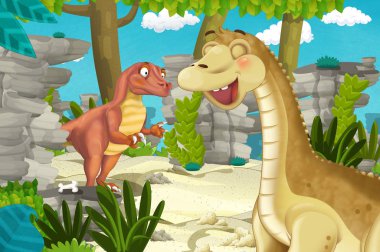 Dinozor apatosaurus diplodocus ile birlikte ormanda başka bir dinozorun olduğu karikatür sahnesi - çocuklar için çizim