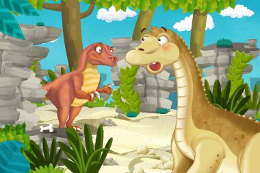 Dinozor apatosaurus diplodocus ile birlikte ormanda başka bir dinozorun olduğu karikatür sahnesi - çocuklar için çizim