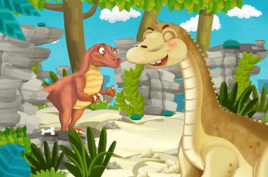 Dinozor apatosaurus diplodocus ile birlikte ormanda başka bir dinozorun olduğu karikatür sahnesi - çocuklar için çizim