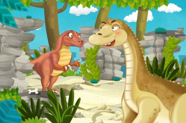 Dinozor apatosaurus diplodocus ile birlikte ormanda başka bir dinozorun olduğu karikatür sahnesi - çocuklar için çizim