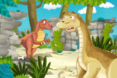 Dinozor apatosaurus diplodocus ile birlikte ormanda başka bir dinozorun olduğu karikatür sahnesi - çocuklar için çizim