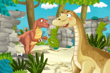Dinozor apatosaurus diplodocus ile birlikte ormanda başka bir dinozorun olduğu karikatür sahnesi - çocuklar için çizim