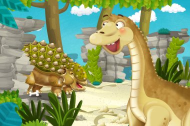 Dinozor apatosaurus diplodocus ile birlikte ormanda başka bir dinozorun olduğu karikatür sahnesi - çocuklar için çizim