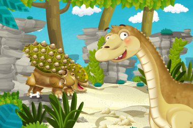 Dinozor apatosaurus diplodocus ile birlikte ormanda başka bir dinozorun olduğu karikatür sahnesi - çocuklar için çizim