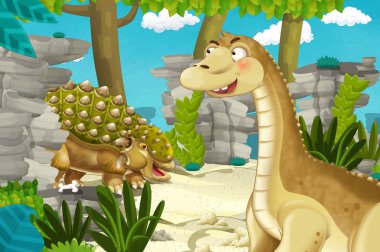 Dinozor apatosaurus diplodocus ile birlikte ormanda başka bir dinozorun olduğu karikatür sahnesi - çocuklar için çizim